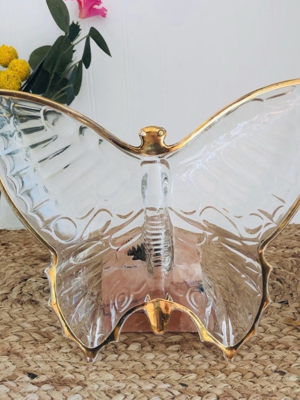 Vintage MCM Boho Glass Butterfly Dish with Gold Trim - Clear and Gold